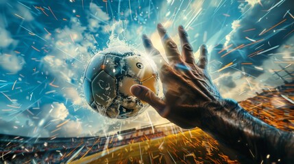 Soccer ball on the hand of a football player on the background of the stadium - obrazy, fototapety, plakaty