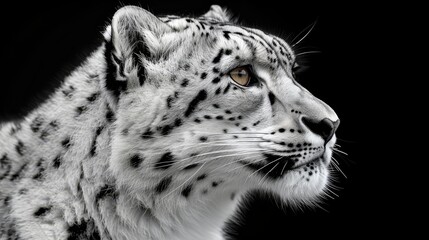 Obraz premium A tight shot of a snow leopard's face against a black backdrop, illuminated by a single focus of light in one eye