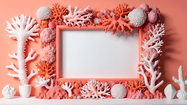 Photo frame with shells and corals. Home decoration