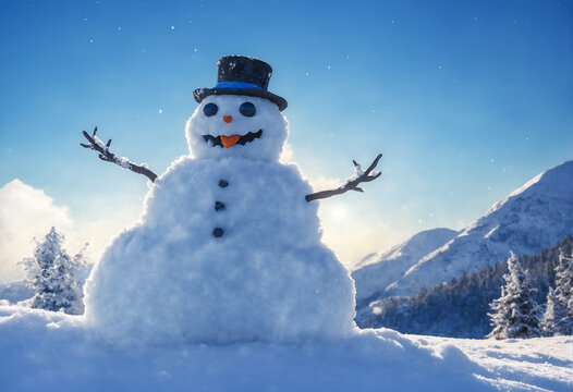 Funny snowman in winter mountain scenery. Merry christmas and happy new year.