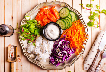 salmon salad with rice, fresh vegetables and sunflowers seed - 786637135
