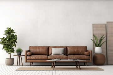 Interior living room wall mockup with leather sofa and decor on white background
