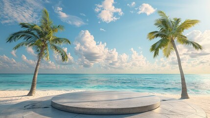 3d round stone podium for product showcase, tropical background, beach behind pedestal  