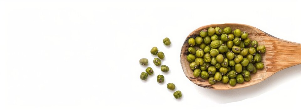 mung beans on a wooden spoon on a white background
