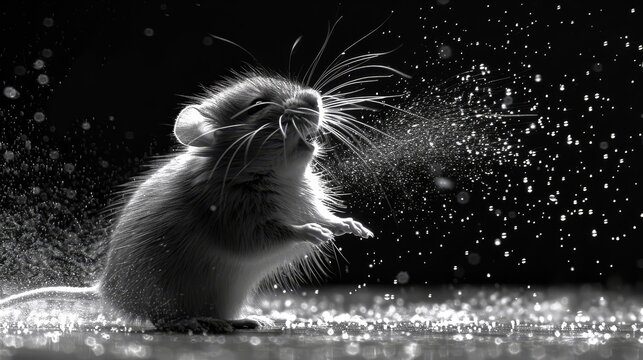   A black-and-white image of a rodent squirtingly spraying water on its back with its front paws