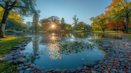 A Panoramic View of a Beautiful City Park - obrazy, fototapety, plakaty