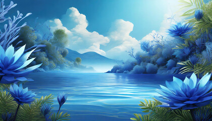 3D blue sky with a body of water and a bunch of blue plants