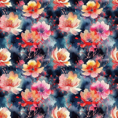 watercolor seamless pattern with flowers on dark background, fashion print, decorative texture