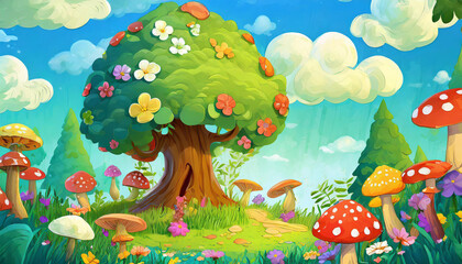 Obraz na płótnie Canvas 3D cartoonish scene of a forest with a tree in the middle. The tree is surrounded by flowers and mushrooms, and there are clouds in the sky. Scene is whimsical and playful, with a sense of wonder