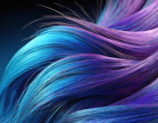 3D series of blue and purple hair-like strands that are intertwined and overlapping. The strands are arranged in a way that creates a sense of movement and fluidity