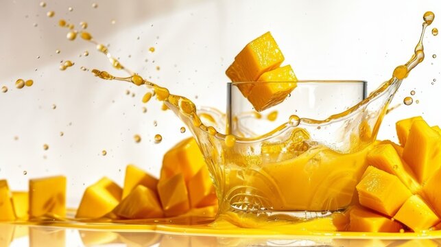   A glass filled with orange juice next to cubed cubes of oranges
