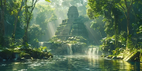 Fensteraufkleber tropical rainforest river landscape, a mysterious temple in the jungle © Riverland Studio