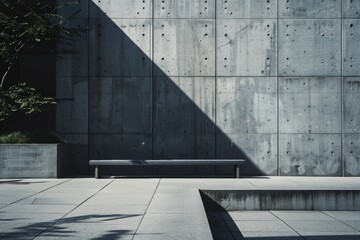 Stark shadows cast on a minimalist concrete wall and pavement, with a solitary bench invoking contemplation and modern design.

 - obrazy, fototapety, plakaty