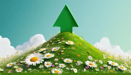 A 3D green hill with a grassy mound and a green arrow pointing upwards. The hill is covered in flowers, including daisies. Concept of growth and progress, as the arrow represents upward movement