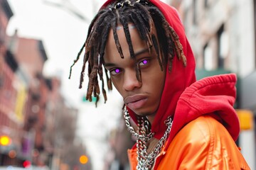 A young man with dreadlocks in an oversized red and orange hoodie, chains around his neck stands on the street of New York in hip hop style . He has purple eyes and looks at us - obrazy, fototapety, plakaty