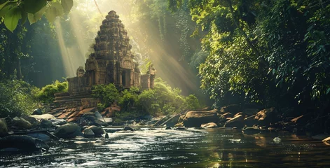 Fototapeten tropical rainforest river landscape, a mysterious temple in the jungle © Riverland Studio