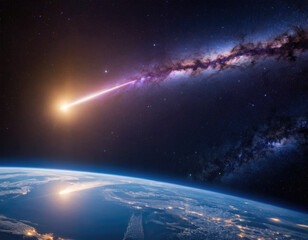 Rocket spaceship shuttle launch with bright space nebula sky with bright rocket trail of fire and smoke