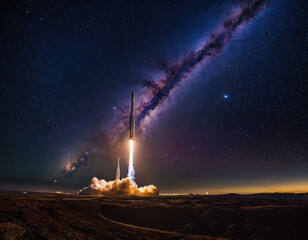 Rocket spaceship shuttle launch with bright space nebula sky with bright rocket trail of fire and smoke