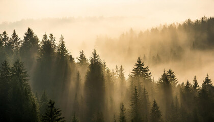A forest filled with trees covered in fog and smoky in haze