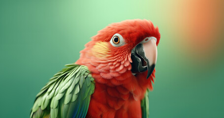 Bright parrot on a green background with copy space.