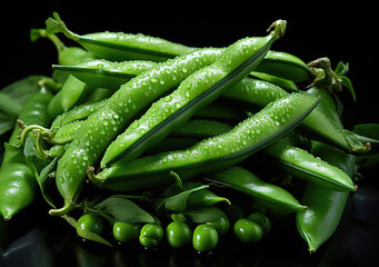 green bean or pea pods with drops of water on a black background
