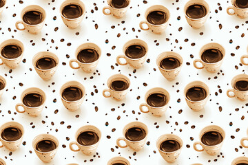 cups with coffee and scattered coffee beans, seamless background, wallpaper