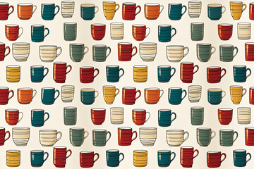multicolored ceramic coffee cups on white, seamless background, wallpaper