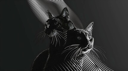 black and white cat on black