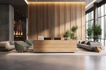 Contemporary Reception Counter Design. Stylish and Functional Lobby Area with Modern Interior in White and Wood - obrazy, fototapety, plakaty