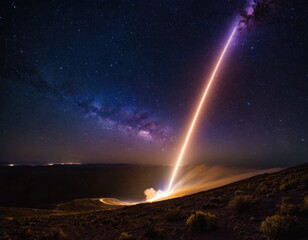 Rocket spaceship shuttle launch with bright space nebula sky with bright rocket trail of fire and smoke - obrazy, fototapety, plakaty