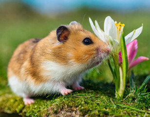 A hamster, brown and white, stands atop a grassy field Nearby, a pink and white flower blooms