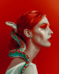 Close up Redhead Woman Portrait with Red and Green Snake  wrapped around the face and neck: Golden red Makeup,red backround 