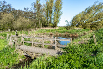 Wooden footbridge over a river in the countryside