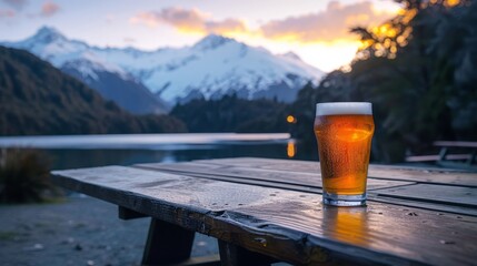 wood picnic table, pint glass of cold beer, snow capped mountain range and lake in background, copy space - Powered by Adobe