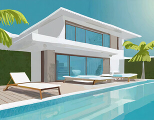 Fototapeta premium A luxury modern white house with swimming pool. Sunbed on sundeck for vacation home or hotel