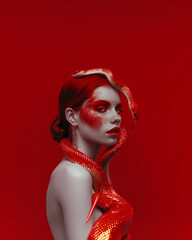 Close up Redhead Woman Portrait with Snake  wrapped around the face and neck: Golden red Makeup,red backround 