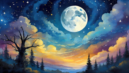 Fototapeta na wymiar a painting of a full moon in the night sky with clouds and trees in the foreground and a dark blue sky with stars and clouds in the foreground.