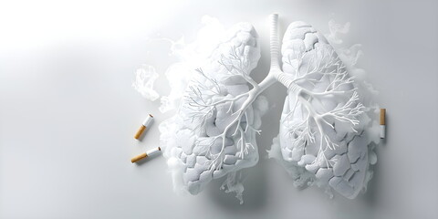 Image of lungs with cigarette butts and ash from cigarette or cigar smoke on a white isolated background. A day without tobacco. Copy space
