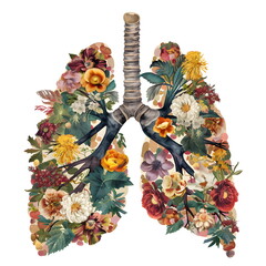 Colorful illustration of human lungs full of flowers and leaves on a white isolated background. No Tobacco Day concept.