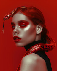 Close up Redhead Portrait with Snake snake wrapped around the face and neck: Golden red Makeup 