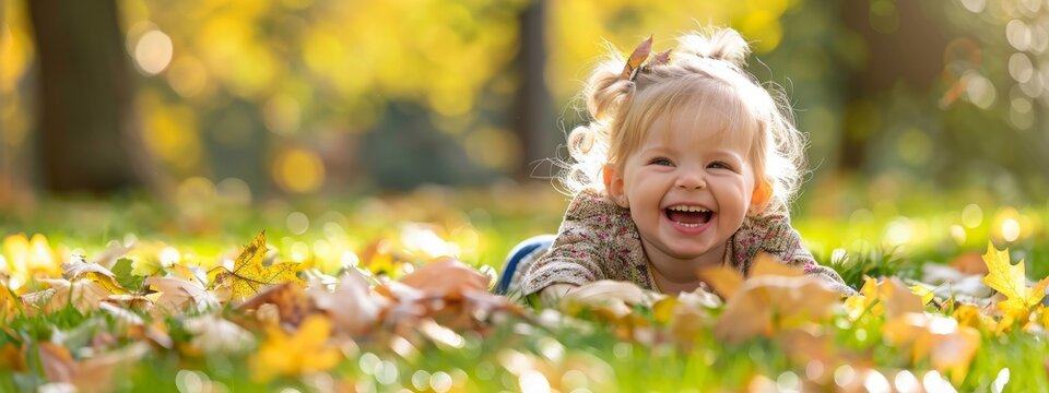 Happy little blonde girl plays with green leaves in garden, field. The child smiles, laughing and has fun in park. Playful kid throwing up leaves in summer or autumn season. Child lays in country side