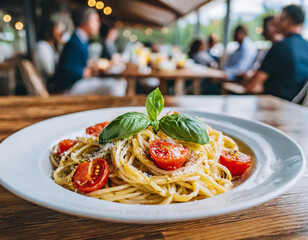 a plate of pasta with tomatoes and basil on a wooden table in a restaurant with people sitting at tables in the background.