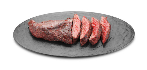 Pieces of delicious grilled beef meat isolated on white