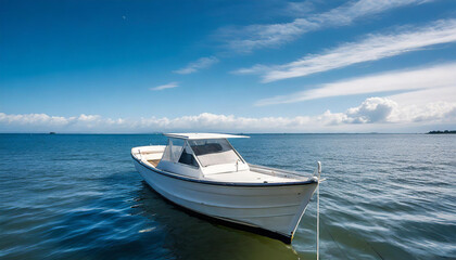 a small white boat floating on top of a large body of water with a blue sky in the back ground.