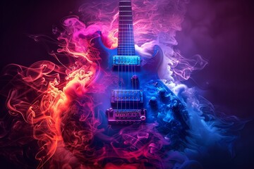 Colorful guitar in the form of smoke on a dark background, illustrated in the style of a fantasy style. The vector graphic is very detailed, of high quality and sharp focus. It is a highly colorful