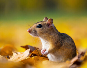 a small rodent sitting on top of a pile of leaves in the middle of a field of yellow leaves.