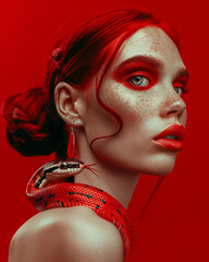 Close up Redhead Portrait with Snake snake wrapped around the face and neck: Golden red Makeup 