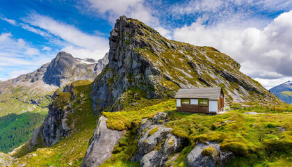A tiny house perched atop a mountain, with moss covering the rocks below and lush grass crowning the peak - obrazy, fototapety, plakaty