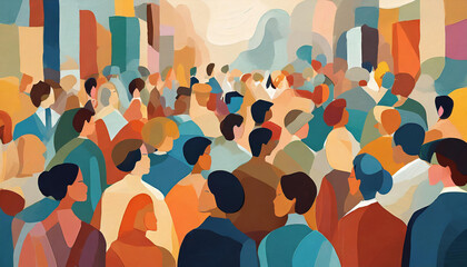 abstract painting of a crowd using simple shapes and colorful colors, with no faces