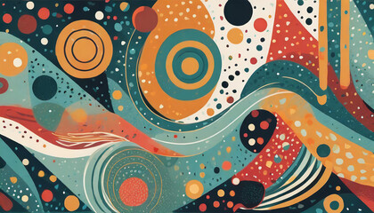 abstract pattern with bold, colorful shapes and playful motifs using flat colors elements like...